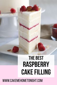 the best raspberry cake filling recipe on a white plate with raspberries