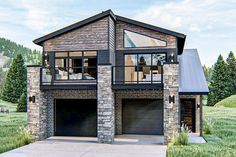 a rendering of a house with two garages on the front and one above it