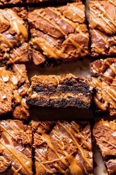 chocolate brownies with caramel drizzled on top, cut into squares