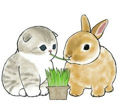 two rabbits and a cat are sitting next to each other in front of a potted plant