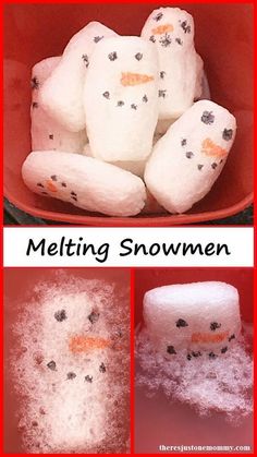 there are four pictures of marshmallows in a bowl with snowmen on them