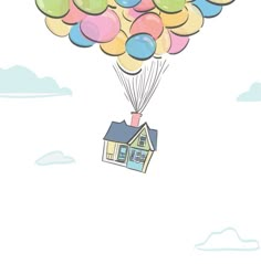 a house is floating in the air with balloons