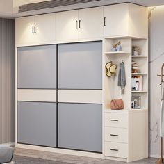 a bedroom with white and grey closets next to a gray rug on the floor