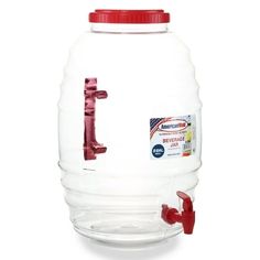 a large plastic water bottle with a red cap and spigot attached to it