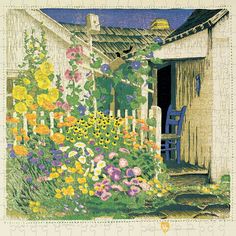 a painting of flowers in front of a house