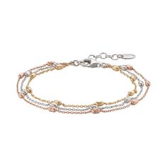 Elevate your look with the modern styling of this tri-tone sterling silver bead bracelet.BRACELET DETAILS Length: 7 in. with 1-in. extender Clasp: lobster-claw Metal: sterling silver Plating: 14k rose gold, 14k gold, rhodium Packaging: boxed  Size: One Size. Color: White. Gender: female. Age Group: adult. Sterling Silver Bead Bracelet, Silver Bead Bracelet, Layered Bracelets, Silver Bead, Elevate Your Look, Sterling Silver Bead, Multi Strand, Bead Bracelet, Silver Beads