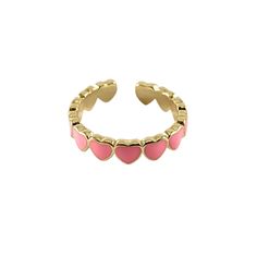 Elevate your style with our enchanting Gold Adjustable Heart Ring featuring sweet pink hearts, designed especially for teen and tween girls. This dainty ring is a symbol of youthful love, charm, and individuality. The adjustable band offers the perfect fit for young fingers, ensuring comfort and versatility. Its gleaming gold surface serves as a perfect canvas for the delicate pink hearts. This heart ring is an ideal choice for young girls who appreciate both style and sentimentality. Whether it Trendy Pink Heart-shaped Rings, Dainty Pink Stackable Promise Rings, Pink Open Ring Jewelry For Valentine's Day, Dainty Pink Heart Promise Ring, Pink Stackable Rings For Valentine's Day, Trendy Pink Heart Promise Ring, Cute Pink Round Rings, Valentine's Day Pink Stackable Rings, Pink Heart Ring For Promise