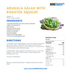 the ingredients for arugula salad with roasted squash are shown in this brochure