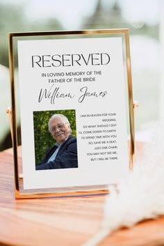 Honor cherished memories with our 'Reserved in Memory' wedding sign. 💖✨ Featuring a photo placeholder and a heartfelt poem, this elegant design allows you to pay tribute to loved ones who are missed. Fully editable in Canva, so you can personalize it with your own touch. A beautiful way to remember those who are with you in spirit on your special day. 🌹🕊️ #WeddingTribute #MemorySign #EditableInCanva #ForeverInOurHearts #inmemorysign #rememberancesign Photo Wedding Sign, In Memory Sign, Memory Wedding Sign, Wedding Sign Modern, In Loving Memory Wedding, Loving Memory Wedding, Memory Wedding, Wedding Memorial Sign, Wedding Signs Diy