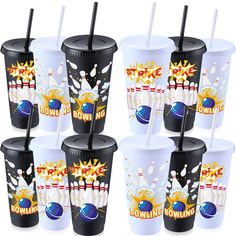 six bowling cups with straws in them and the words bowling strike written on them