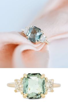 two different views of an engagement ring with green and white stones on the side, one in