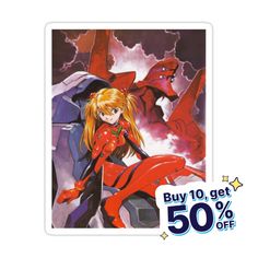 a sticker with an image of a woman in front of a red demon and lightning