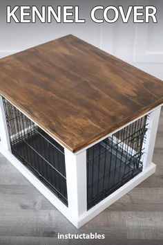 a dog crate with the words kennel cover over it and an image of a cat cage