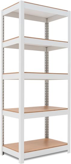 a white shelving unit with four shelves on each side and one shelf above the other