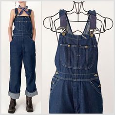 80s "Toughskins" by Sears distressed indigo denim bib overalls. White contrast stitching and zipper fly. Shows some spotting throughout - please see photos.  All measurements are taken with the garment laying flat and doubled for the bust, waist, and hips.  Waist: 31" Hips: 42" Rise to Waist: 13" (taken at top of waistband) Rise to Shoulder: 31" - 33" (adjustable straps) Upper Thigh: 13" across Inseam: 28" Total Length: 57" - 60" (adjustable straps) Strap Length: 8" shortest - 11" longest from t Vintage Bib Front Denim Jumpsuit In Medium Wash, Retro Bib Front Overalls In Medium Wash, Vintage Denim Bib Front Shortalls, Vintage Medium Wash Denim Jumpsuit With Bib Front, Vintage Denim Shortalls With Bib Front, Retro Medium Wash Bib Front Overalls, Retro Dark Wash Bib Front Overalls, Vintage Denim Blue Overalls, Vintage Dark Wash Overalls