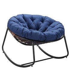 a chair that has a blue cushion on it and black metal frame around the seat