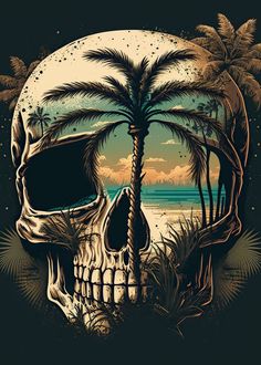 a skull with a palm tree on the beach in front of an ocean and sky