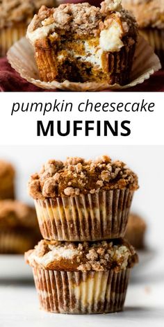 pumpkin cheesecake muffins stacked on top of each other with the words, pumpkin cheesecake muffins