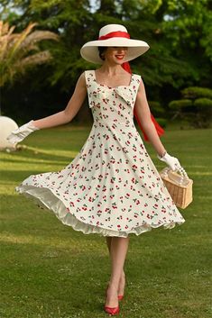 1950s African American Fashion, Vintage 60s Outfits, 1950s Summer Dress, Vintage Cherry Print Dresses For Spring, White Retro Square Neck Dress, Retro White Square Neck Dress, 1950s Style White Summer Dress, White 1950s Style Summer Dresses, Retro Sleeveless Cherry Print Dresses