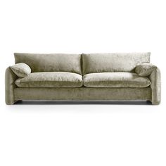 a grey couch sitting on top of a white floor