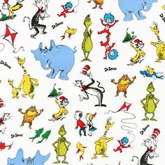 the cat in the hat and other dr seuss characters on white cotton print fabric