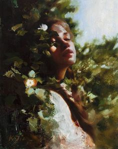 an oil painting of a woman's face surrounded by greenery and flowers, with her eyes closed