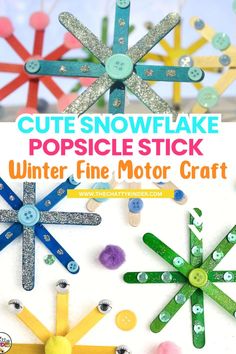 popsicle stick snowflake craft for winter fine motor craft with text overlay