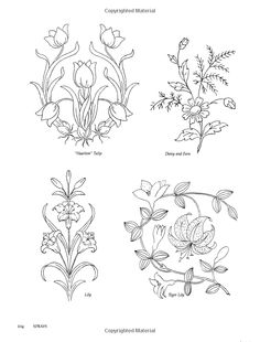 four different types of flowers in black and white