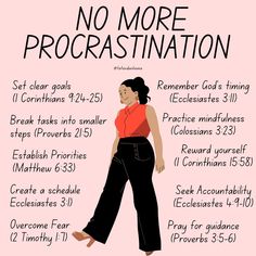 a woman in red shirt and black pants with the words no more procrastination