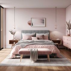 a bedroom with pink walls and wooden floors