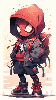 a drawing of a spider man with a red hoodie and backpack on his back