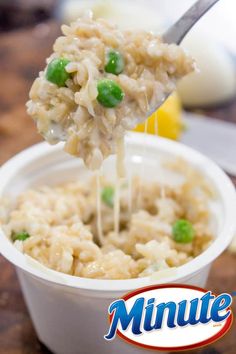 a spoon full of rice and peas being lifted from a bowl with the word minute written on it