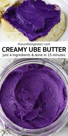 purple butter in a glass bowl next to a white plate with bread on it and the words, creamy ube butter just 4 ingredients & done in 15 minutes