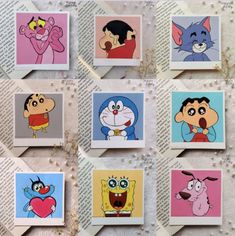 the cartoon characters are on different colored cards