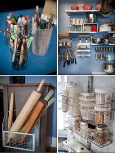 there are many different items in the kitchen and on the shelves, including utensils