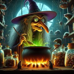 a wizard stirring a caulder full of fire in front of many jars filled with candy