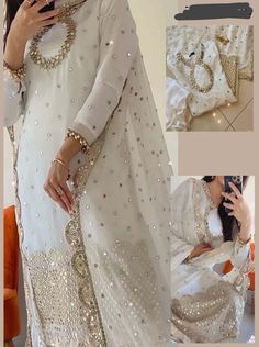 *White9MM*  Suit Details:-  ▪️Fully Heavy Embroidery SemiR Pure Chiffon Front & Back  with 9'mm Sequence Work  ▪️Heavy Embroidered Neck with 9'mm sequence work and stitching Mirror Work  ▪️Heavy Embroidery Front & Back Border  with cut work and Complete 9mm Sequence work  ▪️Fully Heavy Embroidery Sleeves with 9mm Sequence Work and a stitching mirror work  ▪️Heavy Embroidered Selvees Cuff with 9mm sequence work  ▪️Heavy Embroidery Semi Pure Chiffon  Dupatta With 04 Side Heavy Embroidery Borders C White Dupatta With Mirror Work, White Mirror Work Suit, White Georgette Dress With Mirror Work, Long Sleeve Mirror Work Sharara For Wedding, Elegant Churidar For Eid And Weddings, Elegant Wedding Churidar For Eid, White Wedding Dresses With Mirror Work, Fitted White Chinon Sharara, White Fitted Chinon Sharara