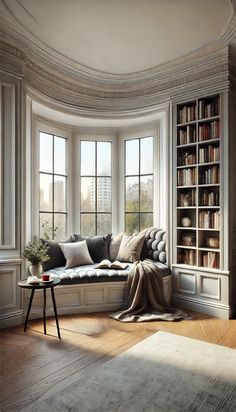 a living room filled with lots of furniture and bookshelves next to a window