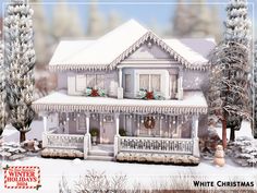 a white christmas house with snow on the ground