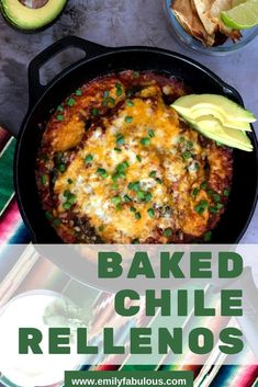 baked chili rellenos in a cast iron skillet with avocado and salsa