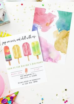 two popsicle birthday party cards on a table