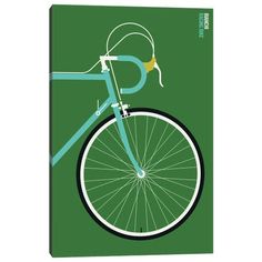 a green poster with a blue bicycle on it's front wheel and yellow seatposts