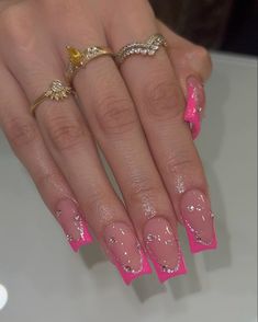 ig: nailsbyzairaa Birthday Hot Pink Nails, Nail Inspo Hot Pink French Tip, Bingo Nail Art, Everyday Gel Nails, Hot Pink French Tip Nails With Rhinestones, Hot Pink Nails Simple, Hot Pink And Silver Nail Designs, Hot Pink Sweet 16 Nails, Nails Inspo 2024 Short