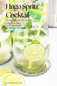 two glasses filled with lemonade and limes