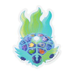 a sticker with an image of a turtle on it's back and flames coming out of its shell