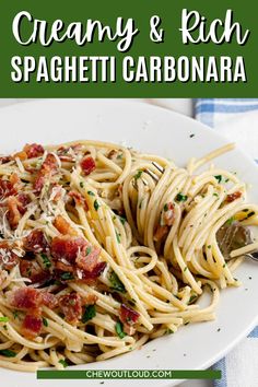 this creamy and rich spaghetti carbonara recipe is loaded with bacon, parmesan cheese, and fresh herbs