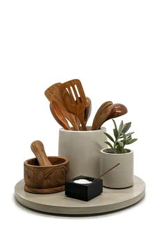 wooden utensils and spoons are arranged on a white tray next to a potted plant