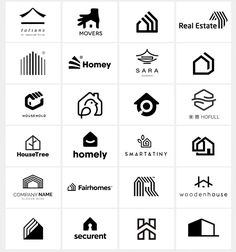 the logos for real estate and homes are shown in black and white, as well as on