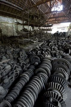 an old warehouse filled with lots of tires