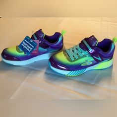 Brand New Lightweight Velcro Girls Tennis Shoes In Electric Colors - Purple/Blue Yellow/Green - Size 3 Girls Electric Colors, Girls Tennis Shoes, 3 Girls, Colors Purple, Girls Sneakers, Tennis Shoes, Blue Yellow, Kids Shoes